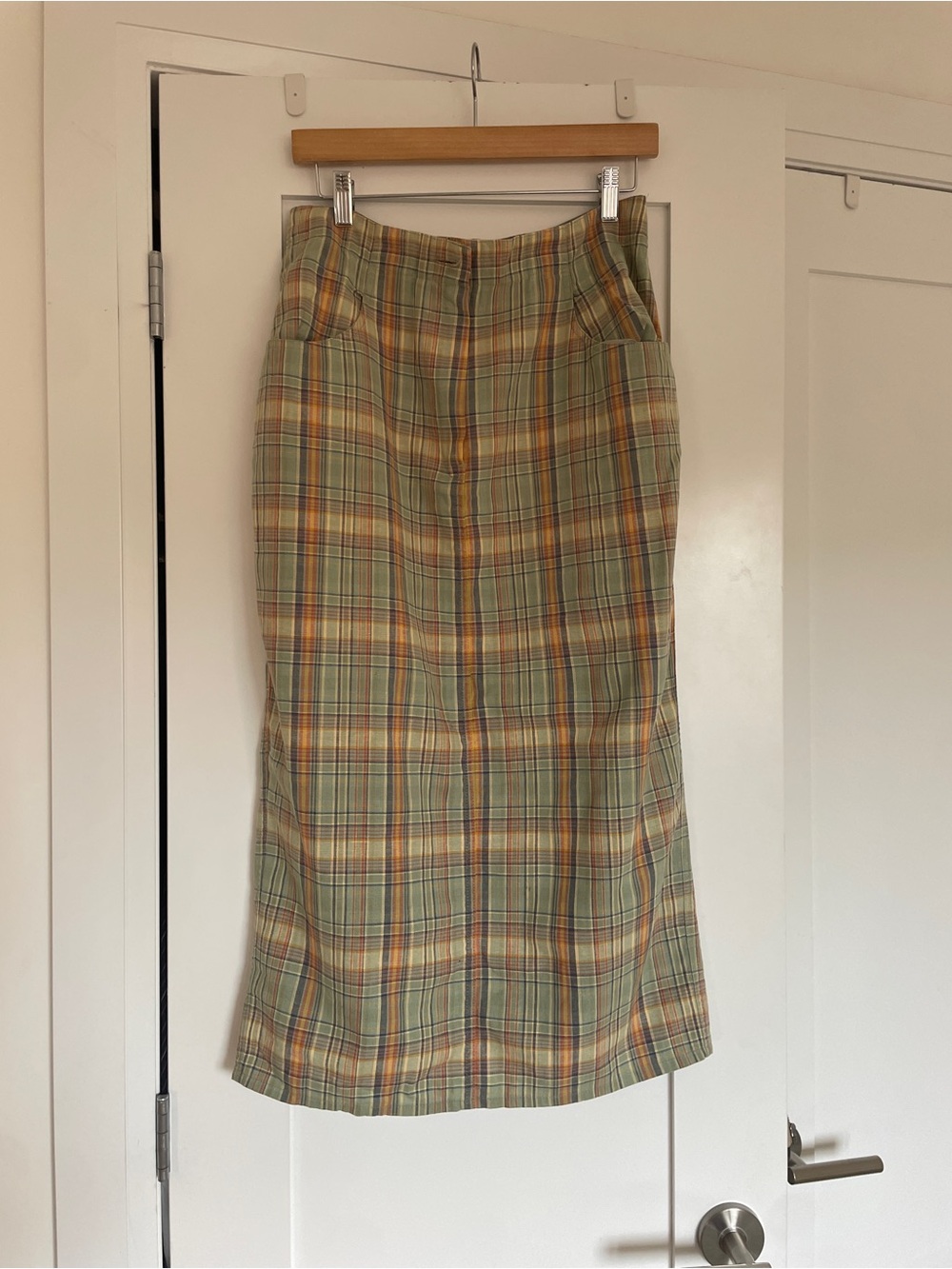 High-Rise Plaid Midi Skirt in Green and Yellow